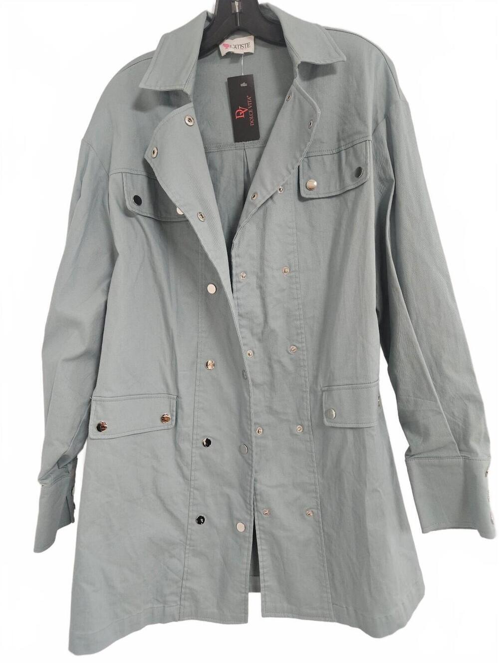 L'Atiste by Amy Women's Light Blue Button Front Long Jacket Coat Size L
